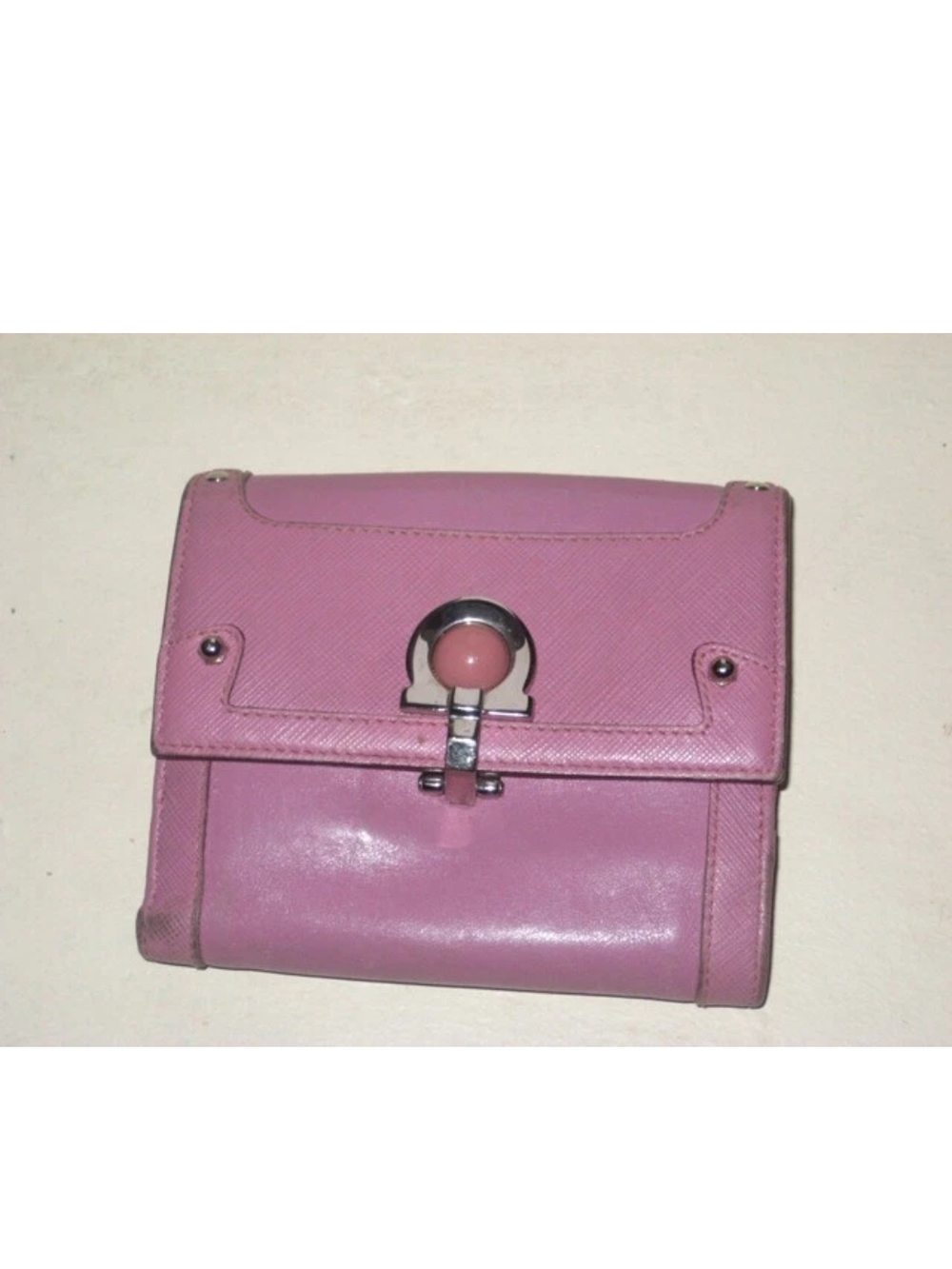 Salvatore Ferragamo Pink Leather Compact Wallet with Signature Turn-Lock